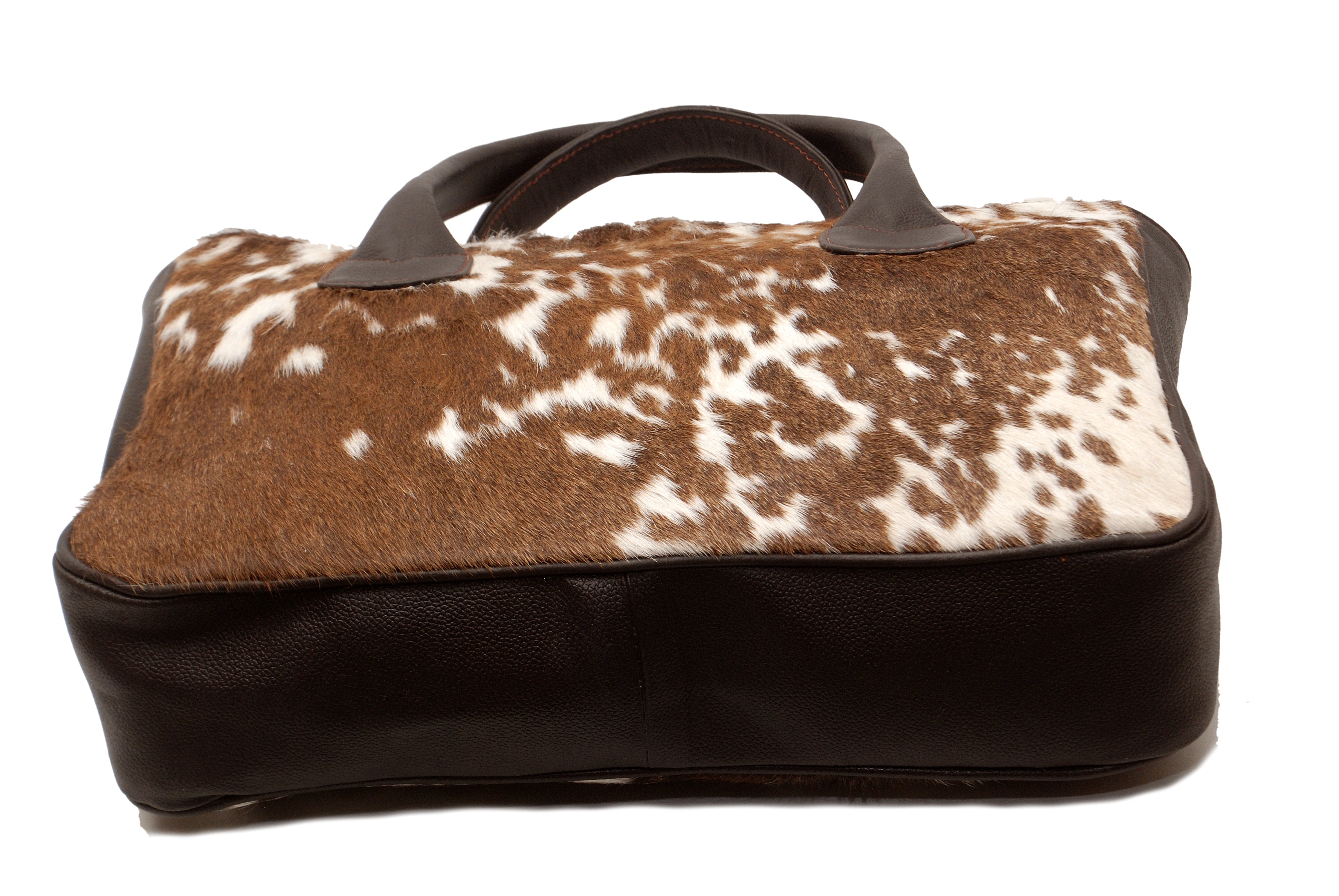 Stylish Brown and White Cowhide Shoulder Bag - Handmade Animal Print Leather Tote with Fast Worldwide Shipping