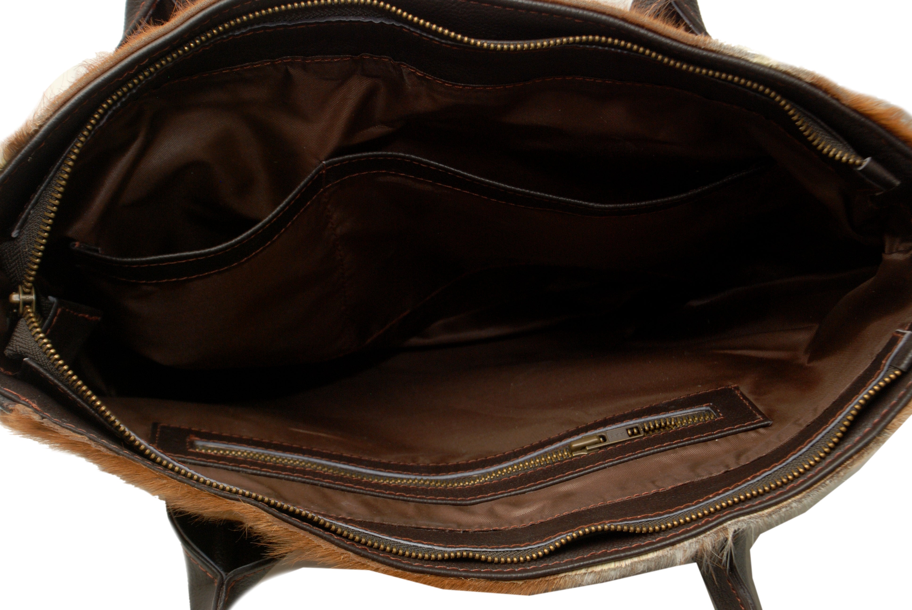 Stylish Brown and White Cowhide Shoulder Bag - Handmade Animal Print Leather Tote with Fast Worldwide Shipping