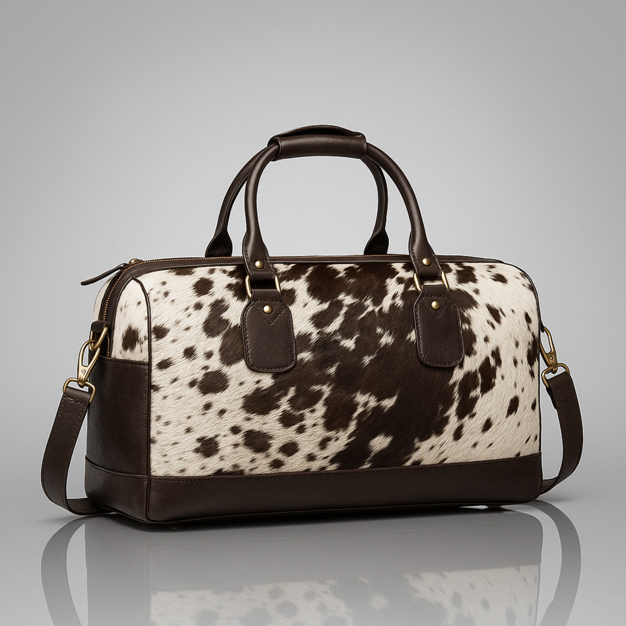Cowhide Leather Brown & White Duffle Bag Travel Tote Weekend Carry On Shoulder Bag