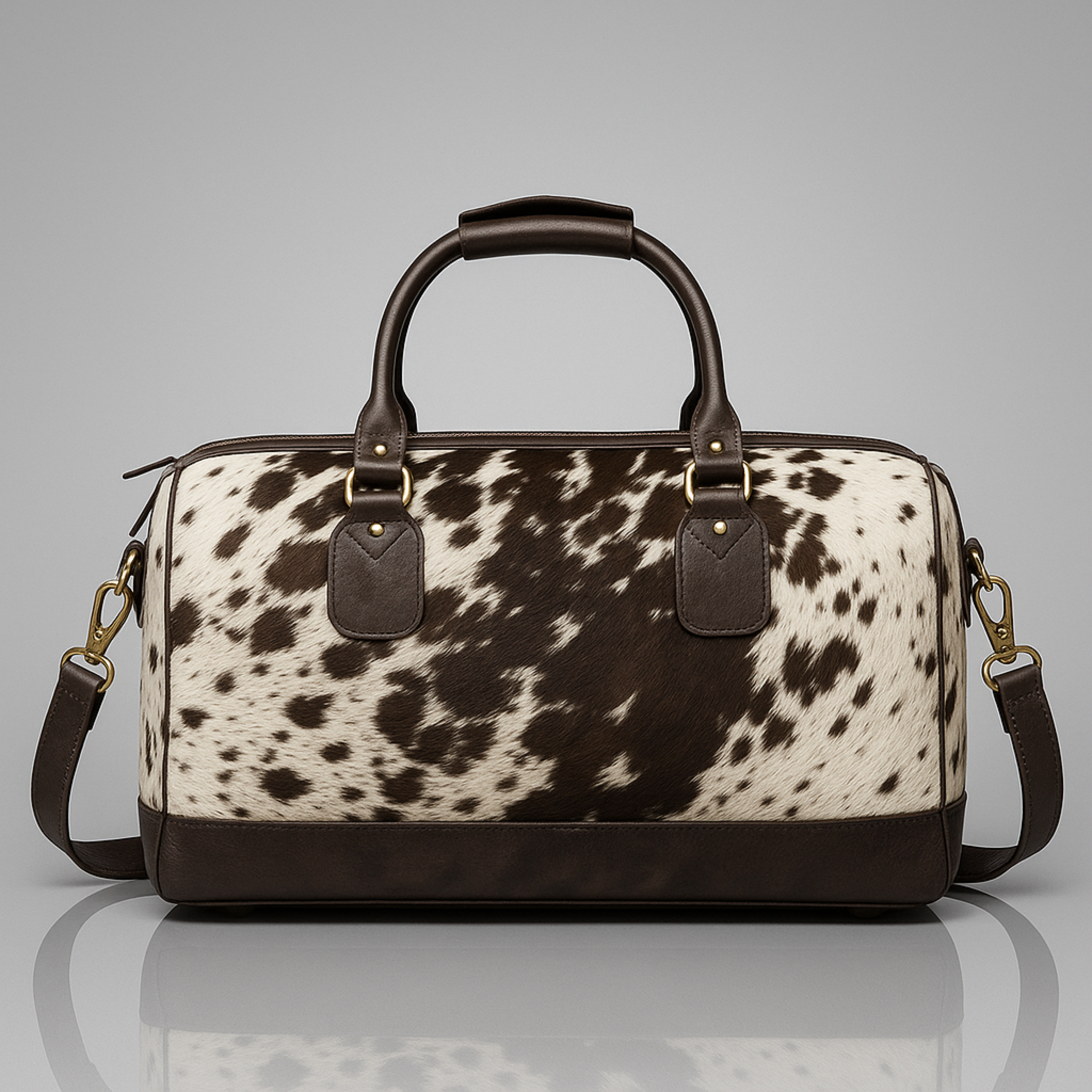 Cowhide Leather Brown & White Duffle Bag Travel Tote Weekend Carry On Shoulder Bag