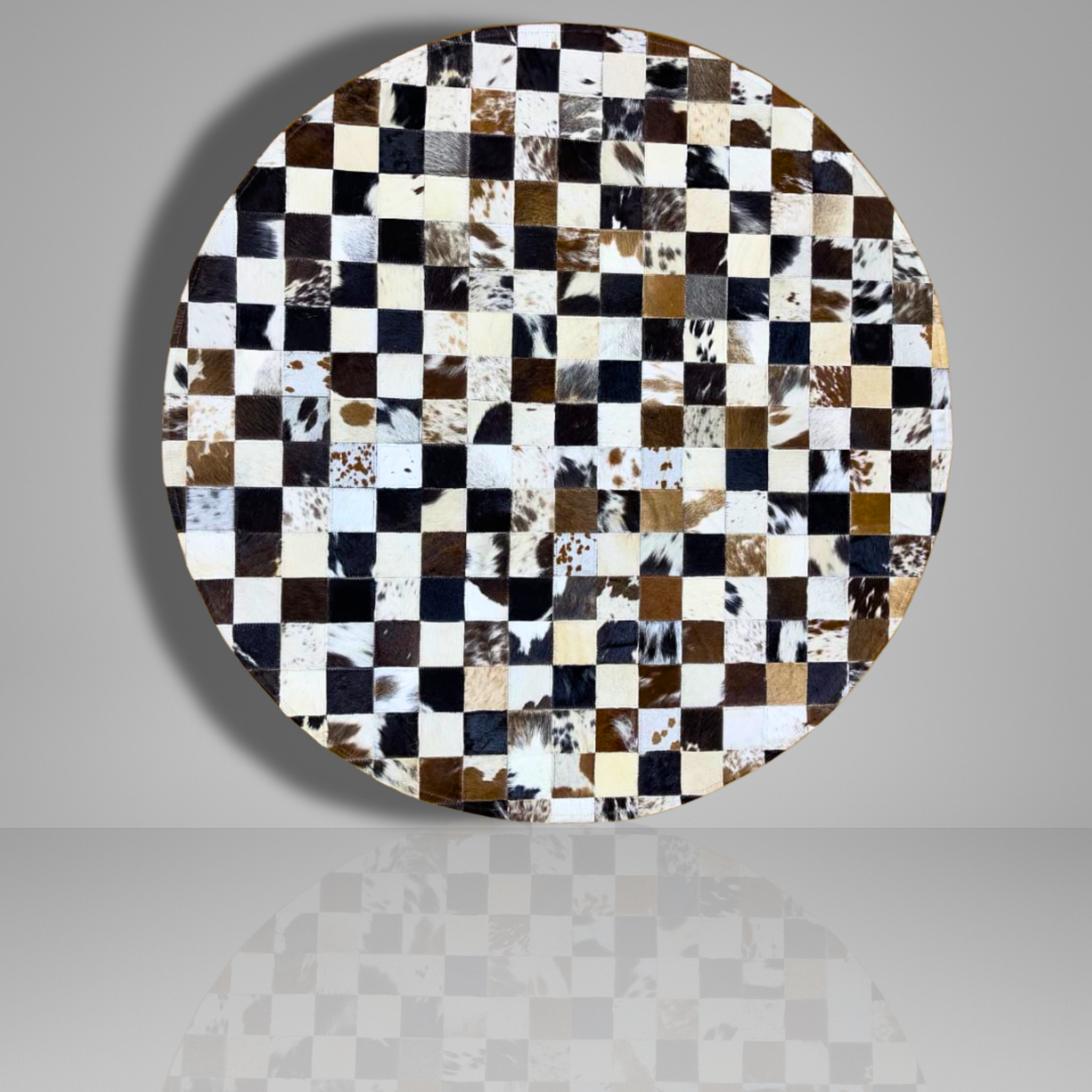 Luxurious Handmade Round Cowhide Patchwork Rug – Genuine Hair-On Hide Micro-Square Leather Floor Rug (9 sq ft)