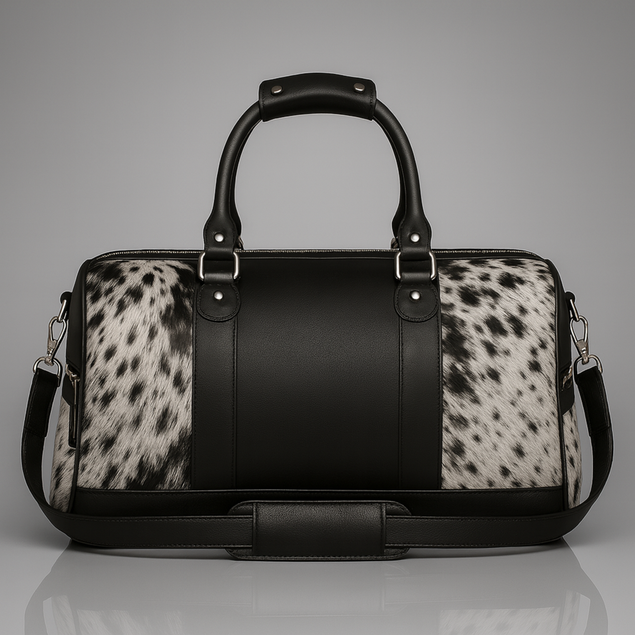 Handcrafted Black White Cowhide Leather Duffle Bag with Full-Grain Accents & Adjustable Strap - Premium Travel Tote for Men - Women