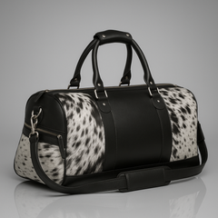 Handcrafted Black White Cowhide Leather Duffle Bag with Full-Grain Accents & Adjustable Strap - Premium Travel Tote for Men - Women