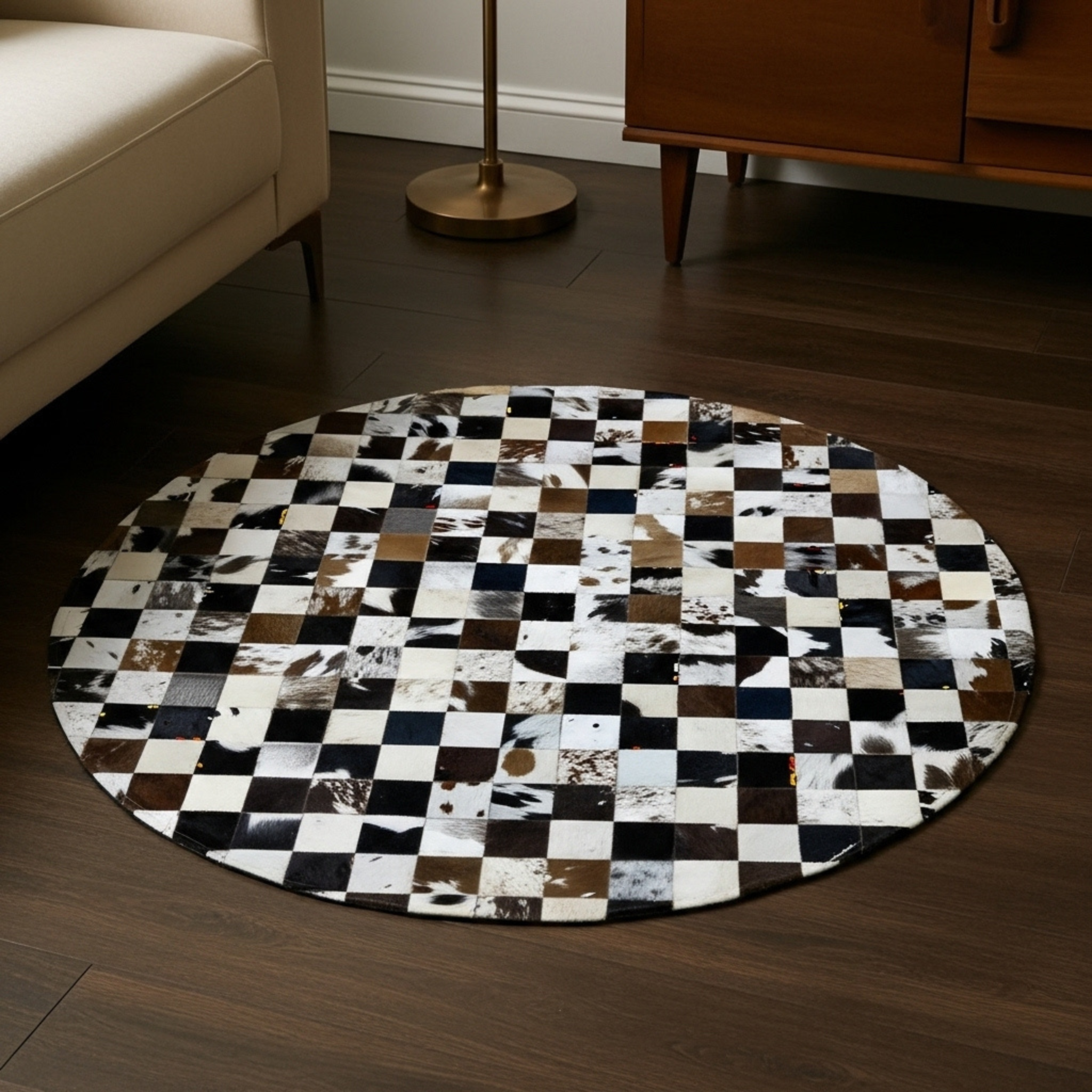 Luxurious Handmade Round Cowhide Patchwork Rug – Genuine Hair-On Hide Micro-Square Leather Floor Rug (9 sq ft)