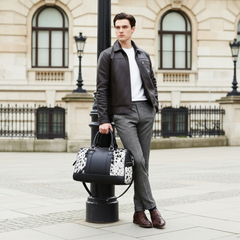 Handcrafted Black White Cowhide Leather Duffle Bag with Full-Grain Accents & Adjustable Strap - Premium Travel Tote for Men - Women