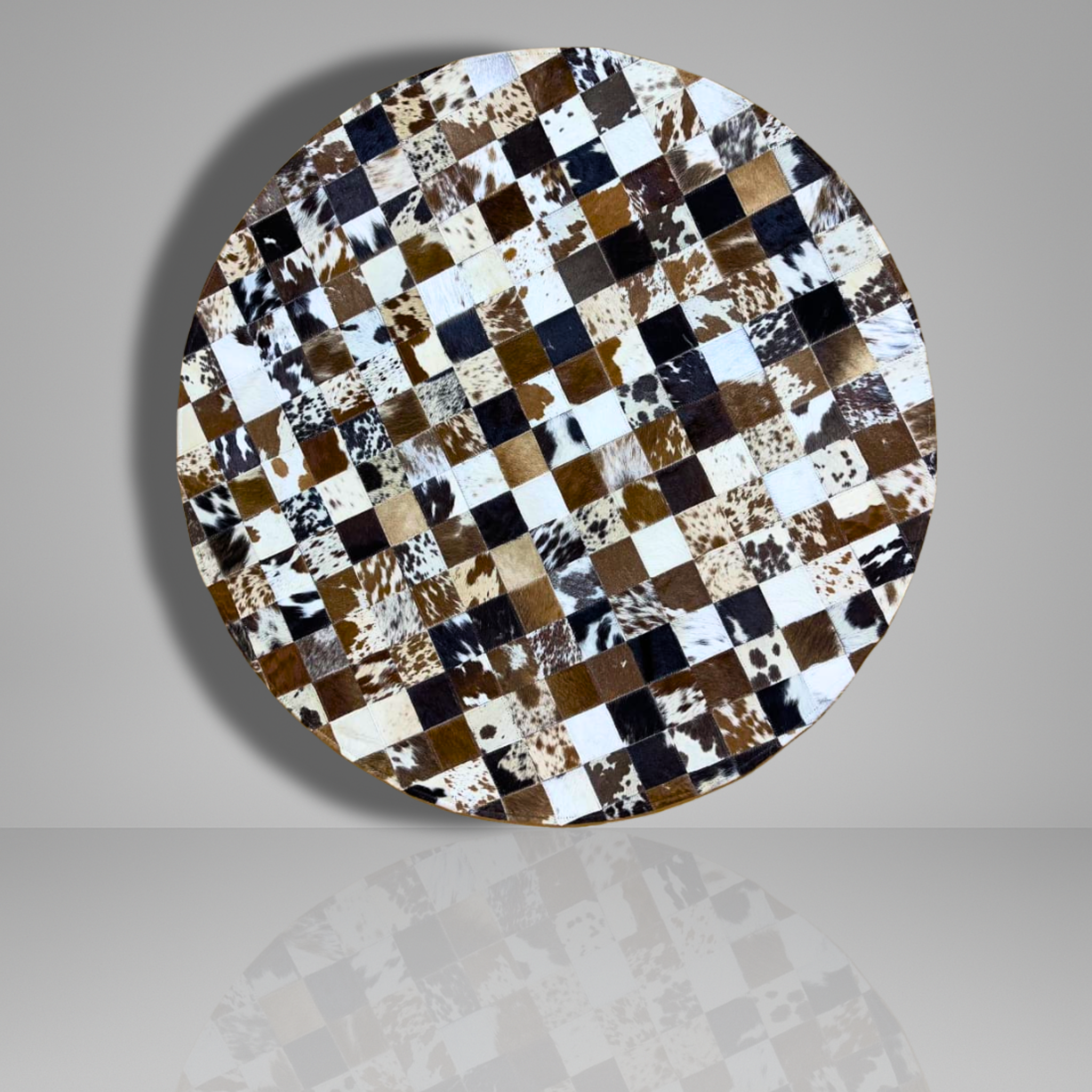 Luxurious Handmade Round Cowhide Patchwork Rug – Genuine Hair-On Hide Micro-Square Leather Floor Rug (9 sq ft)