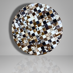 Luxurious Handmade Round Cowhide Patchwork Rug – Genuine Hair-On Hide Micro-Square Leather Floor Rug (9 sq ft)