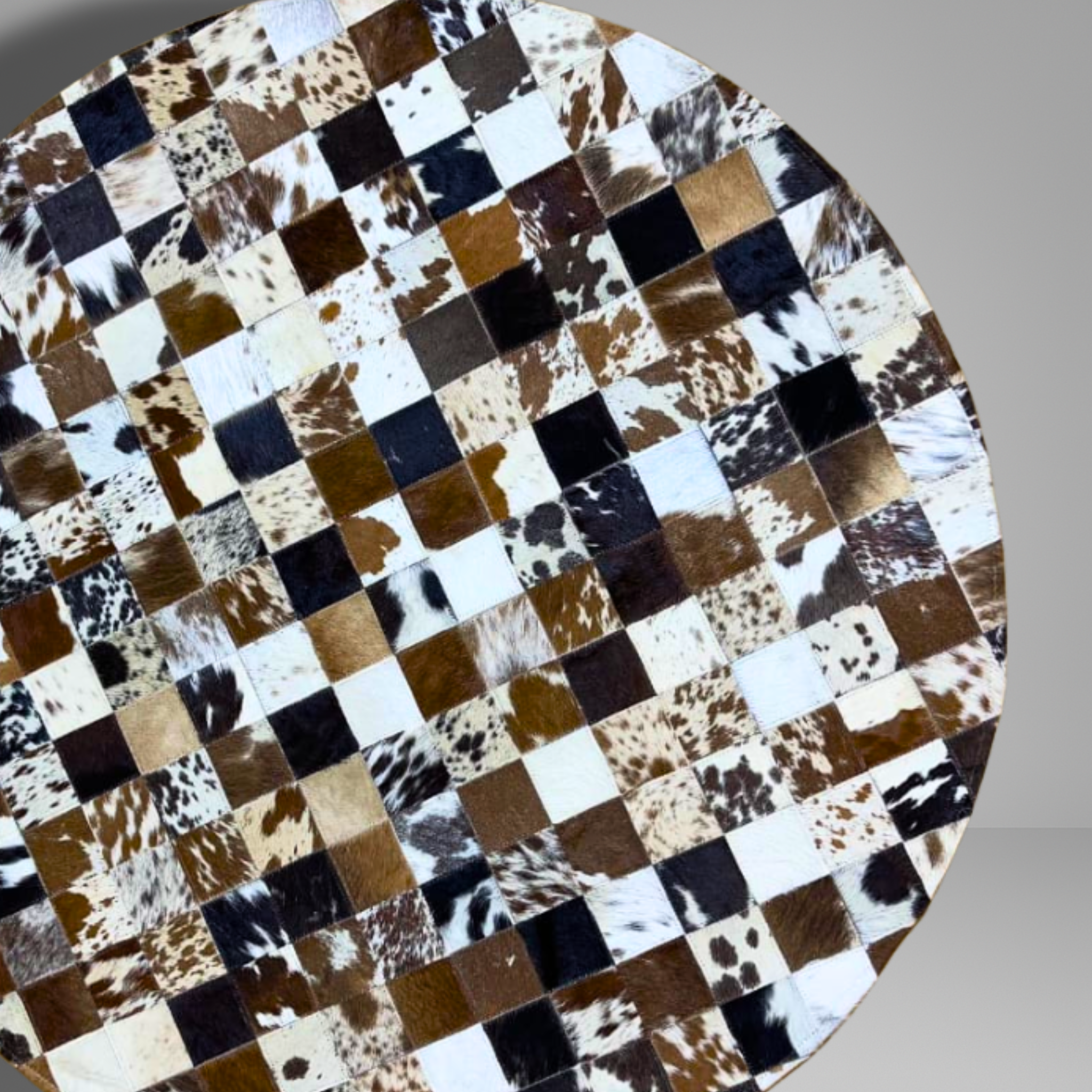 Luxurious Handmade Round Cowhide Patchwork Rug – Genuine Hair-On Hide Micro-Square Leather Floor Rug (9 sq ft)
