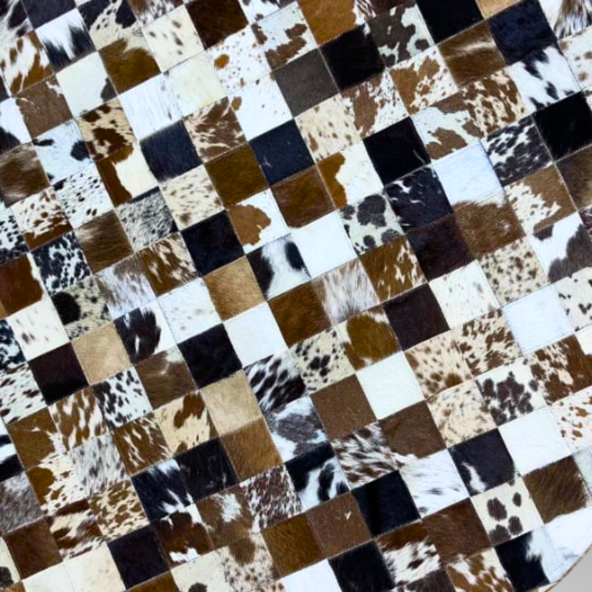 Luxurious Handmade Round Cowhide Patchwork Rug – Genuine Hair-On Hide Micro-Square Leather Floor Rug (9 sq ft)