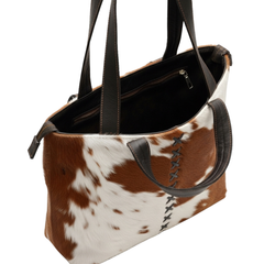Brown & White Cowhide Shoulder Bag - Handmade Leather Tote for Women, Stylish Daily Handbag with Natural Animal Print, Fast Shipping