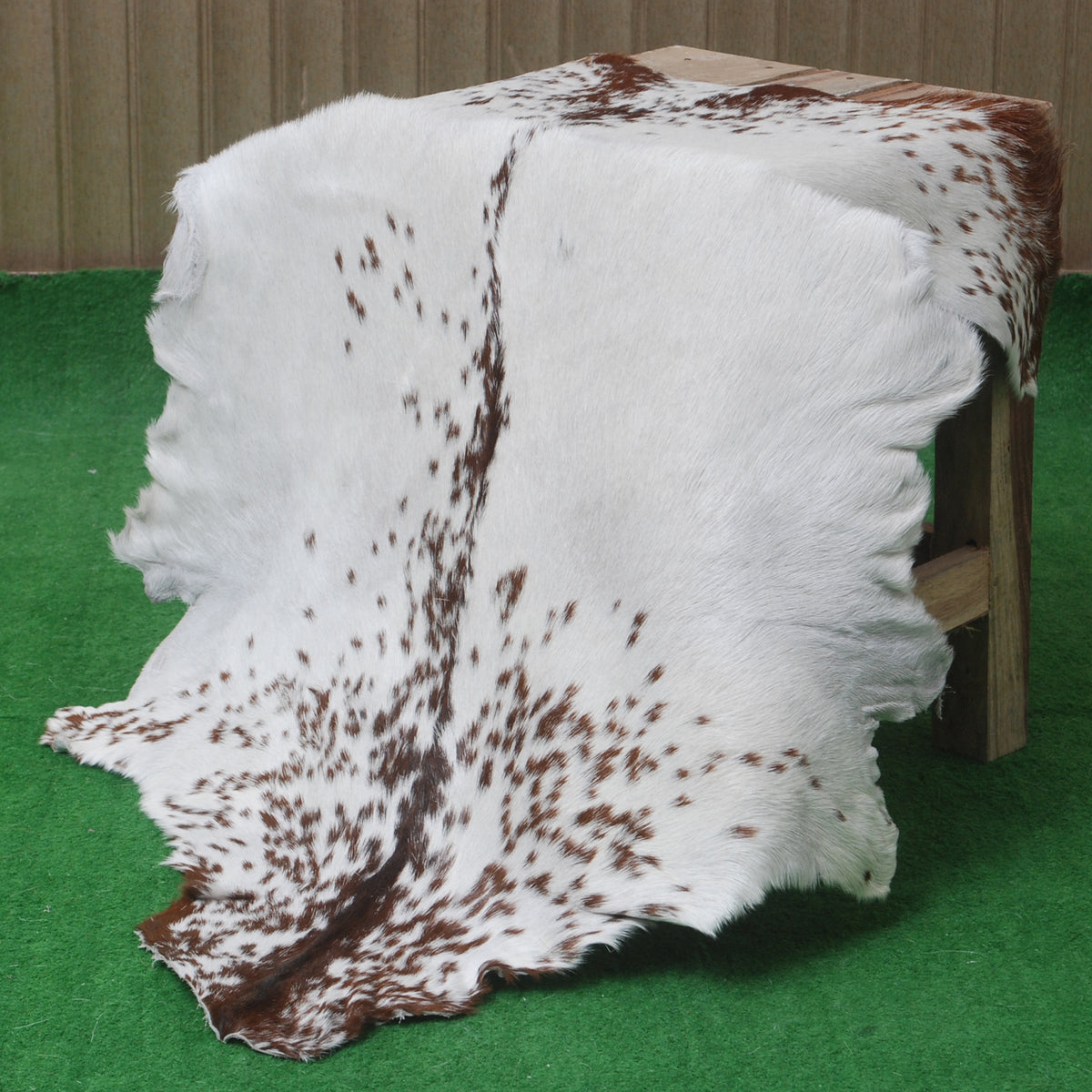 Brown and White Handmade Goat Skin Rug – Classic Elegance for Your Home