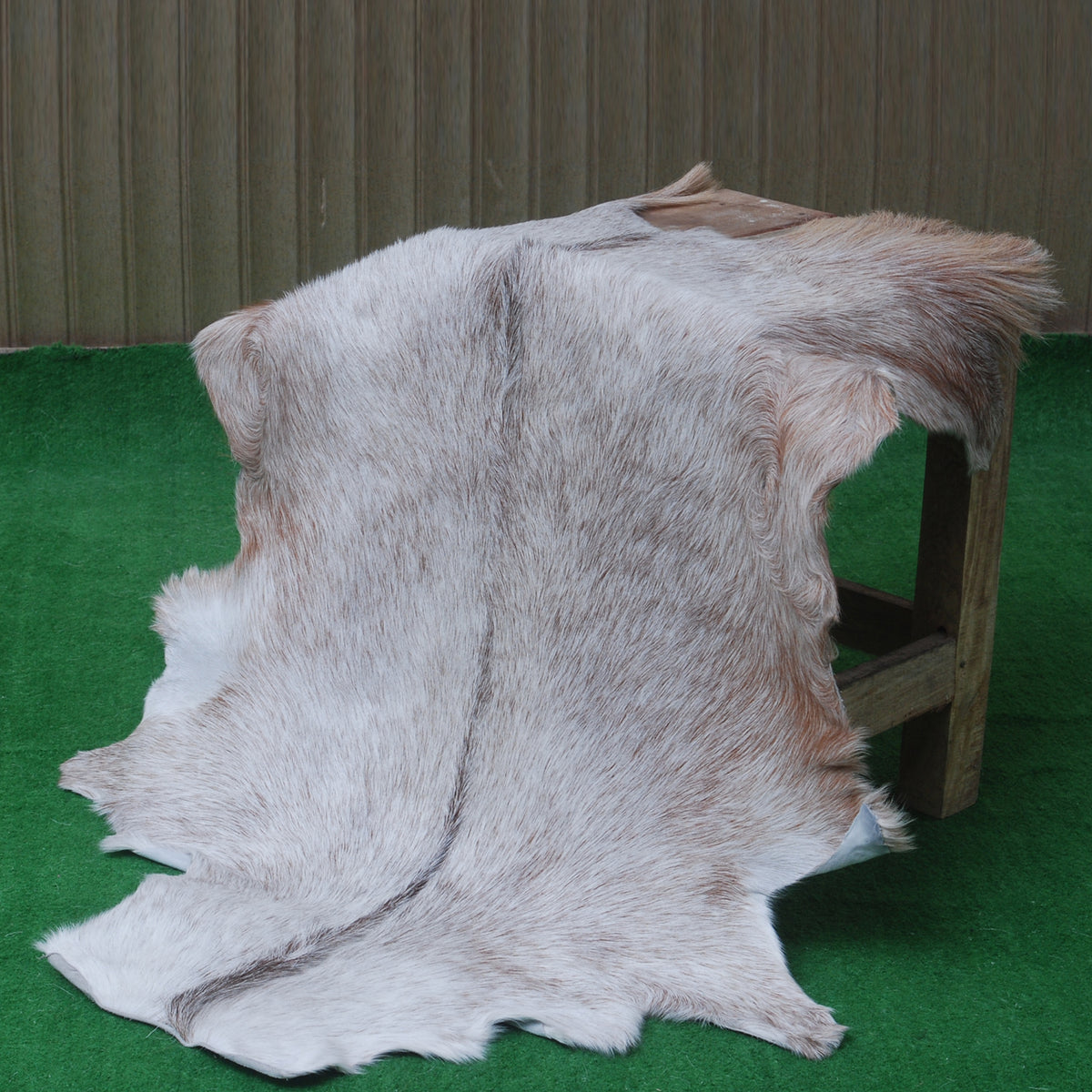 Luxurious Brown and White Goat Hide Rug - Natural Hair-On Leather for Home Styling