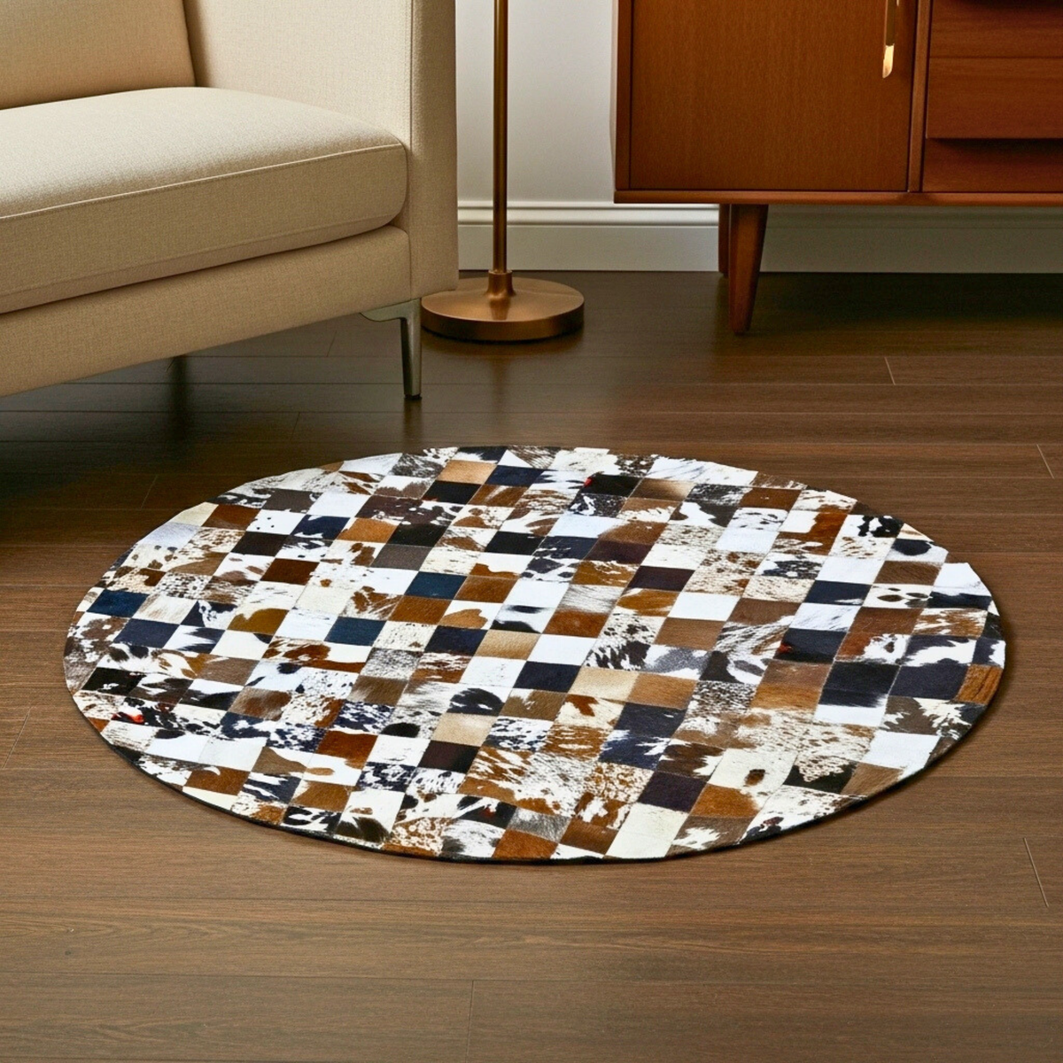 Luxurious Handmade Round Cowhide Patchwork Rug – Genuine Hair-On Hide Micro-Square Leather Floor Rug (9 sq ft)