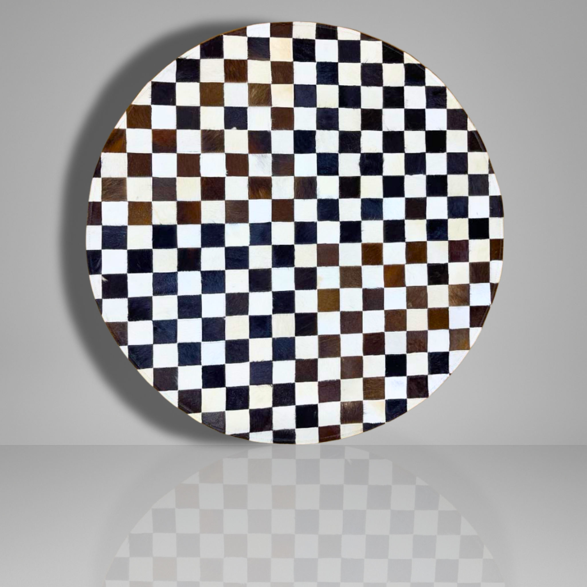 Luxurious Handmade Round Cowhide Patchwork Rug – Genuine Hair-On Hide Micro-Square Checkerboard Leather Floor Rug (9 sq ft)