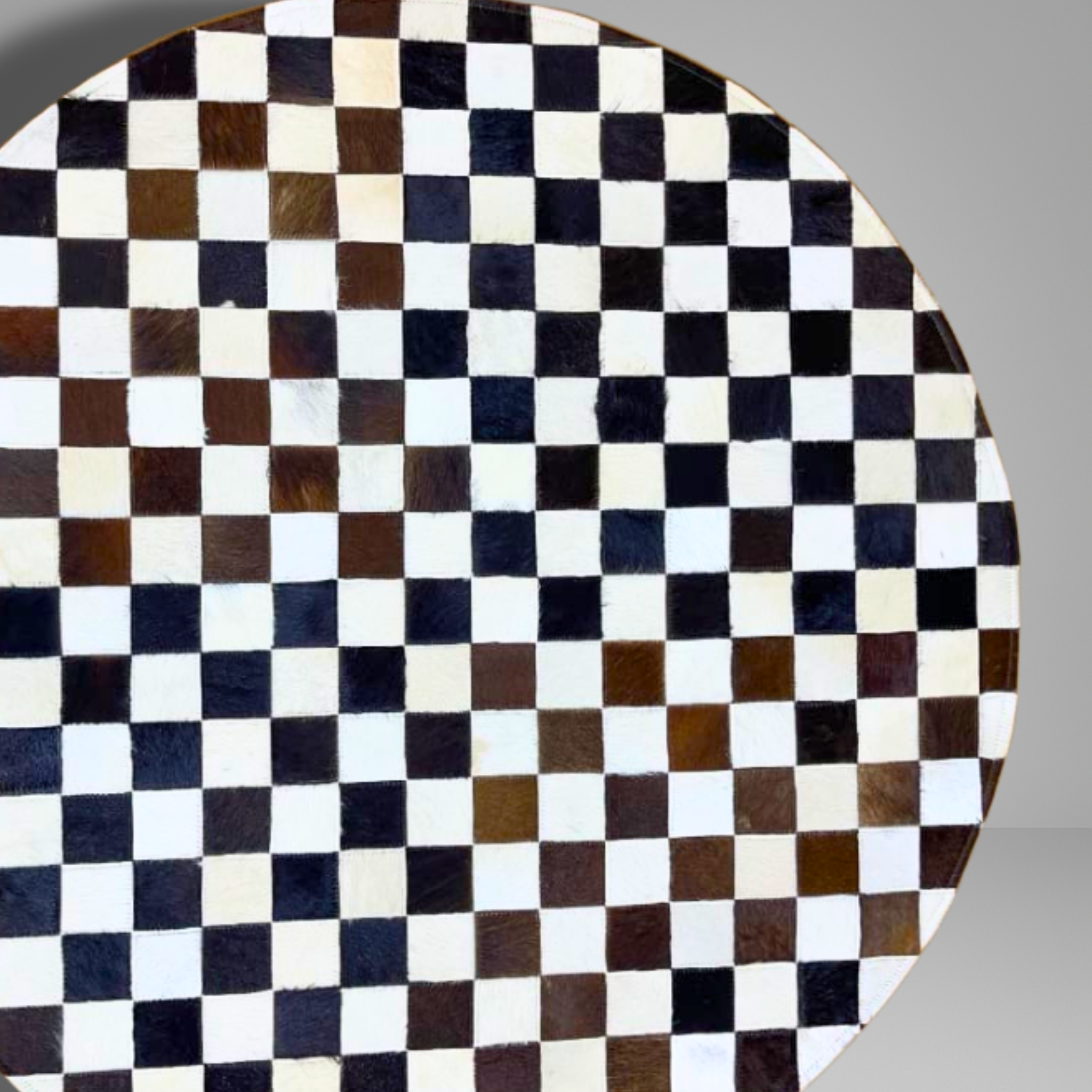 Luxurious Handmade Round Cowhide Patchwork Rug – Genuine Hair-On Hide Micro-Square Checkerboard Leather Floor Rug (9 sq ft)