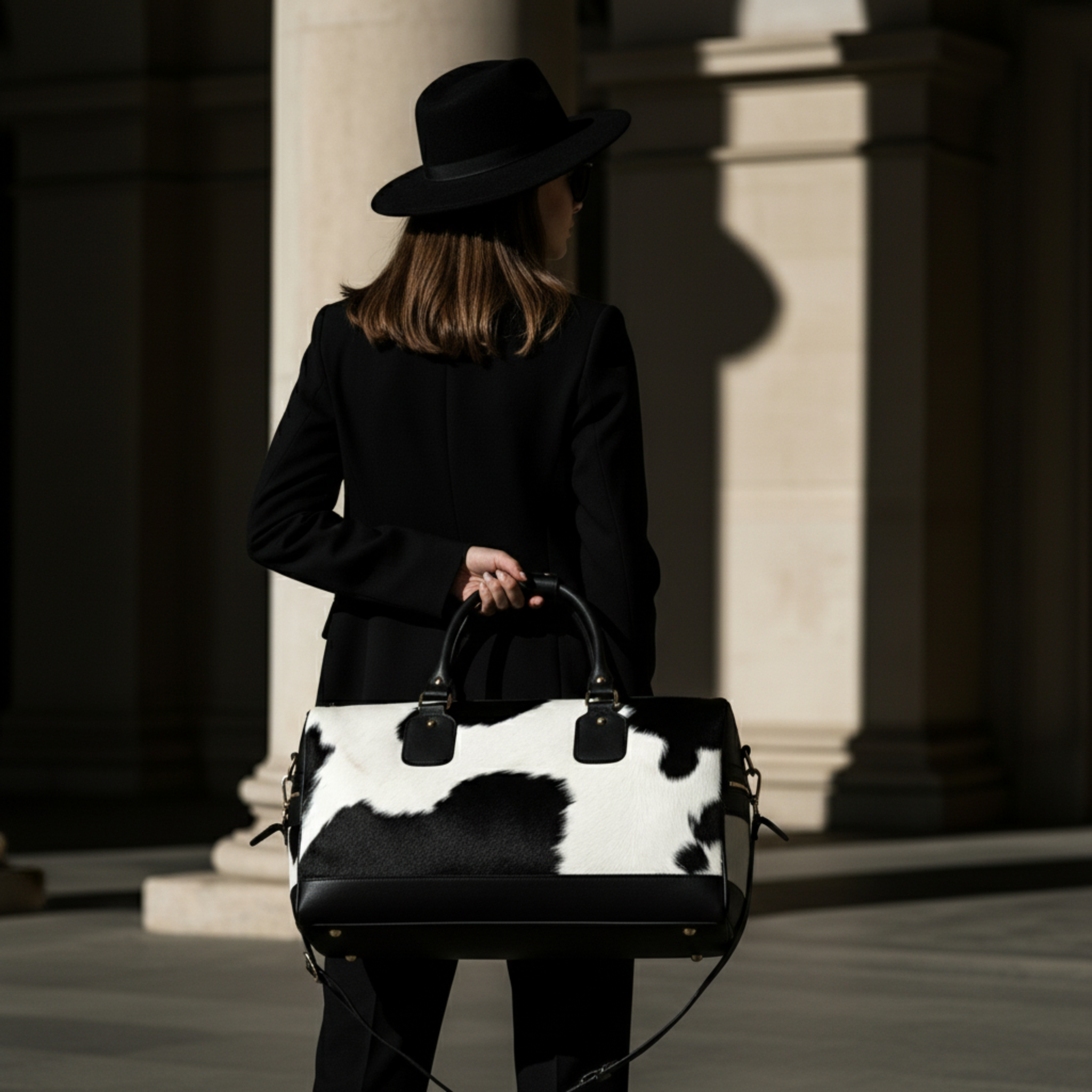 Luxurious Black and White Cowhide Leather Travel Tote Duffle Bag with Full-Grain Accents - Handcrafted Shoulder Bag for Weekend Trips