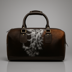 Luxurious Brown and White Cowhide Leather Duffle Bag with Hair on Hide Accents - Handcrafted Weekend Travel Overnight Bag for Men - Unique