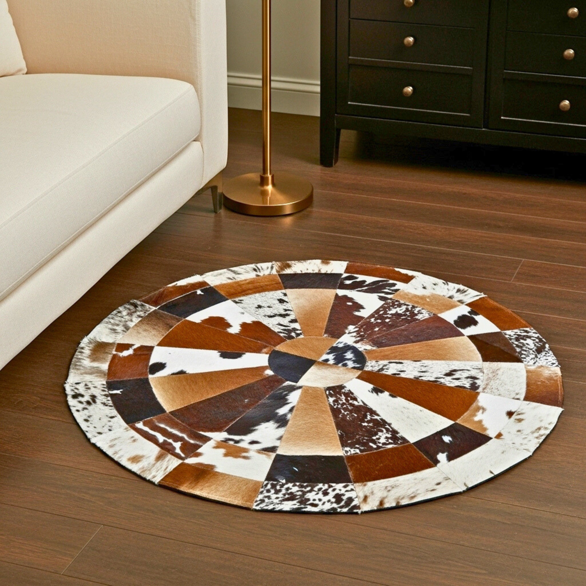 Luxurious Handmade Round Cowhide Patchwork Rug – Genuine Hair-On Hide Rustic Radial Leather Floor Rug (9 sq ft)