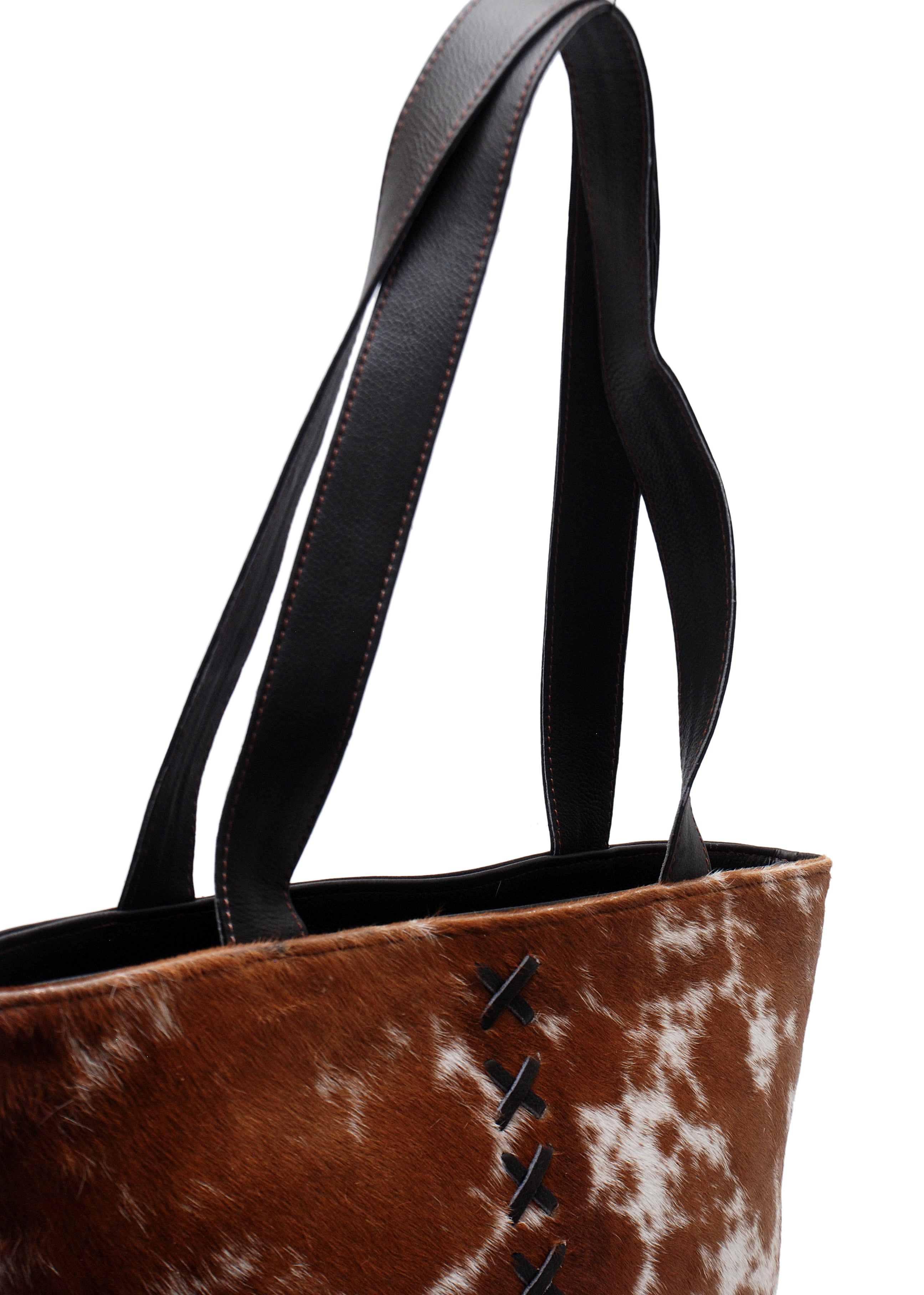 Stylish Brown & White Cowhide Shoulder Bag with Animal Print - Handmade Leather Tote for Women, Spacious - Fashionable Everyday Purse