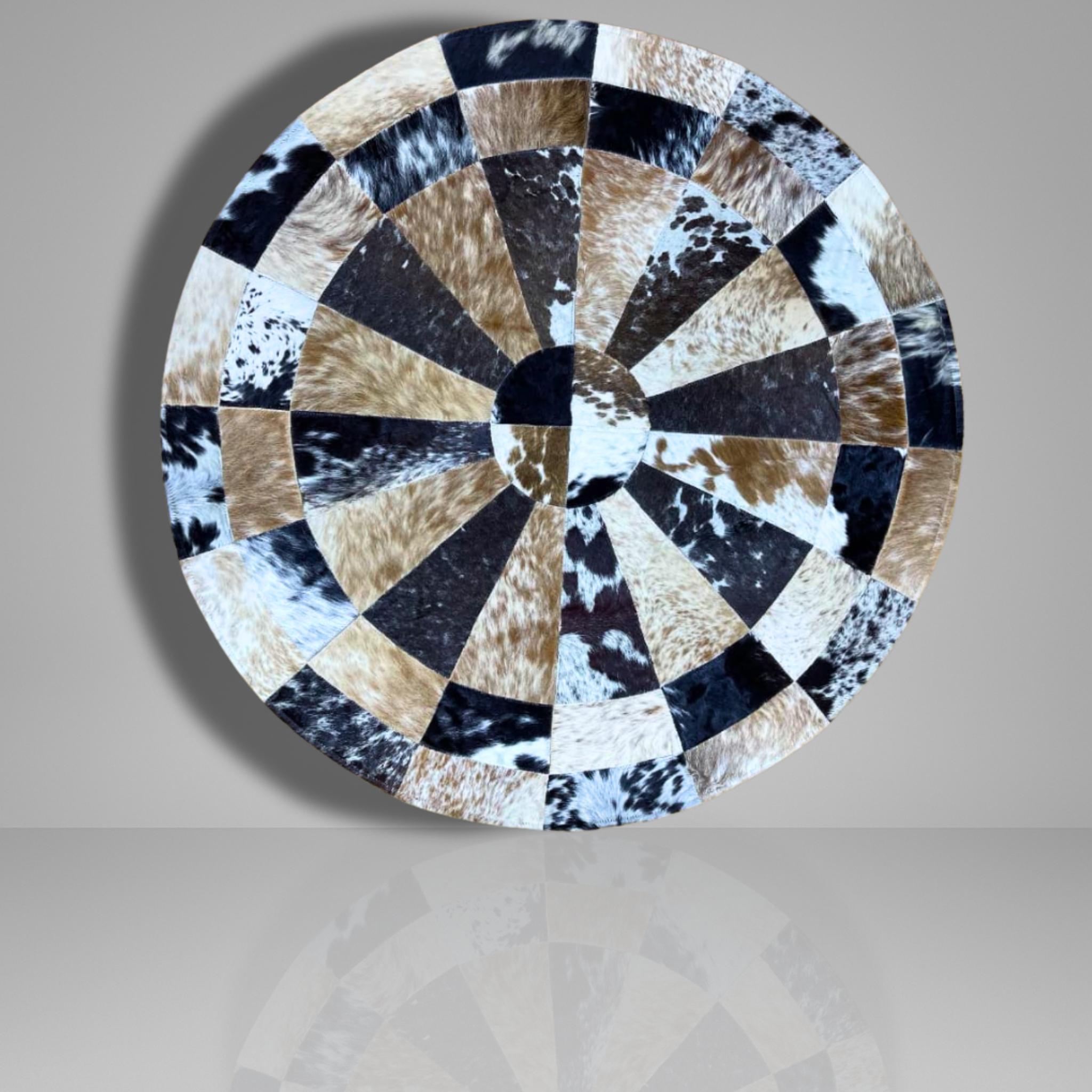Luxurious Handmade Round Cowhide Patchwork Rug – Natural Hair-On Hide Rustic Radial Leather Floor Rug (9 sq ft)