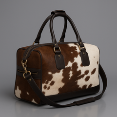 Luxurious Brown White Cowhide Leather Duffle Bag - Handcrafted Weekend Travel Tote with Real Cowhide Hair and Premium Grain Accents