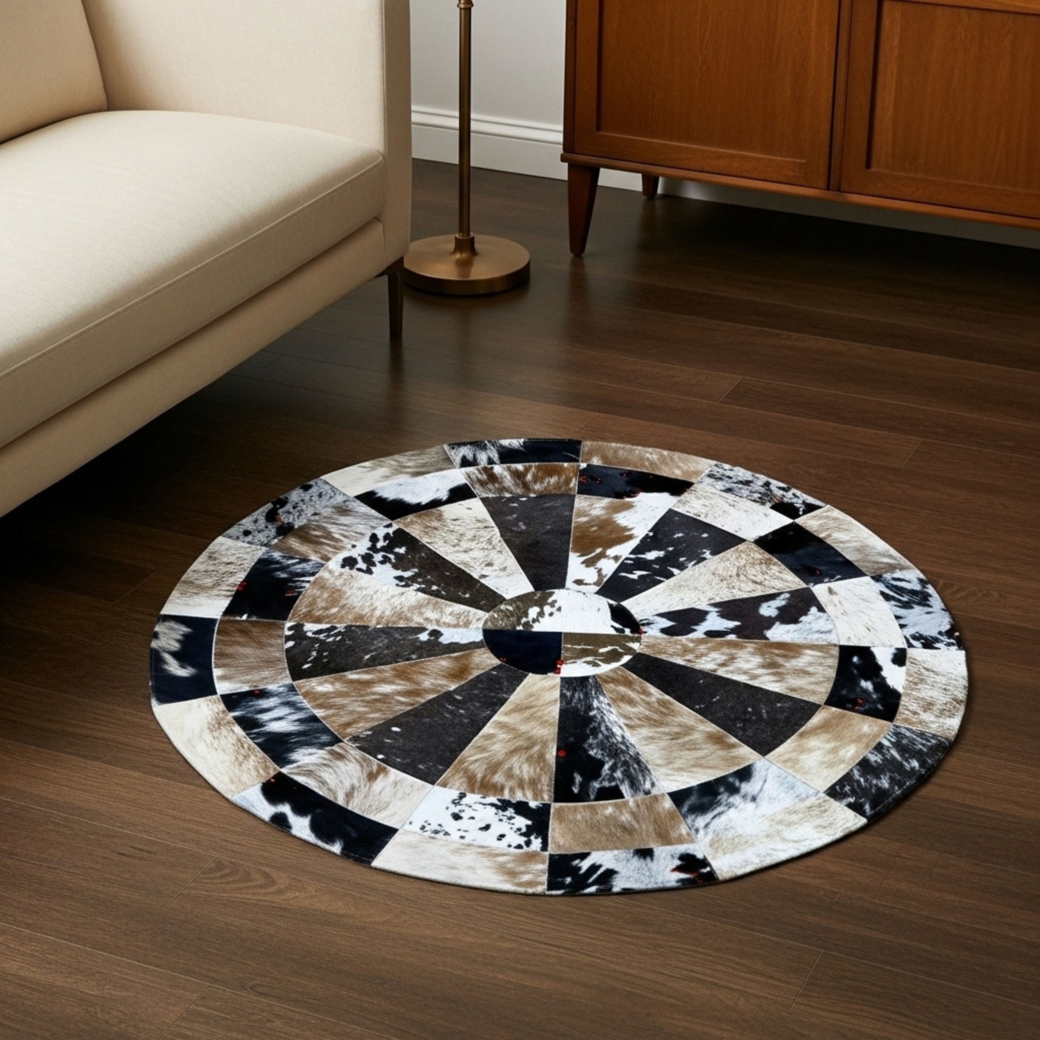 Luxurious Handmade Round Cowhide Patchwork Rug – Natural Hair-On Hide Rustic Radial Leather Floor Rug (9 sq ft)