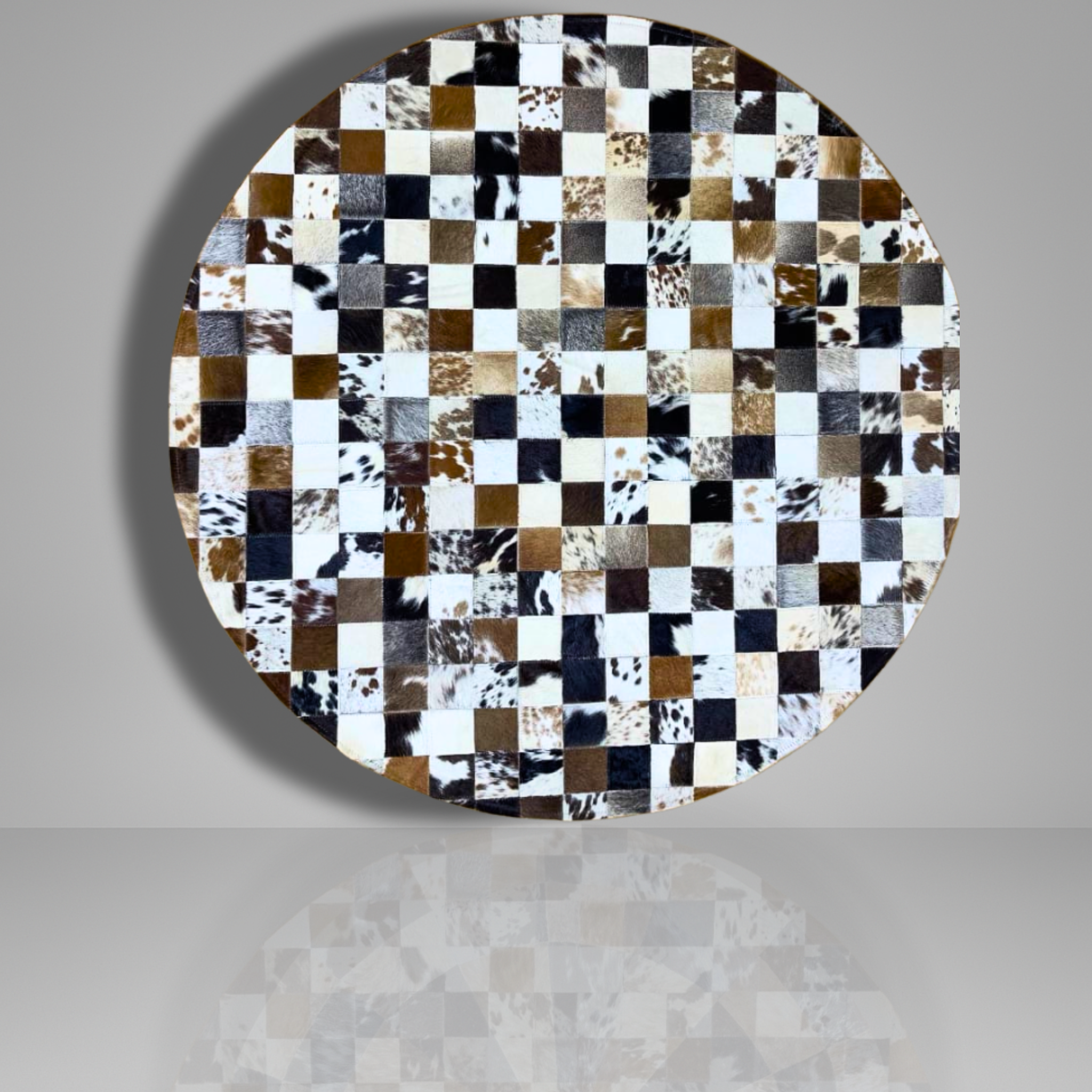 Luxurious Handmade Round Cowhide Patchwork Rug – Genuine Hair-On Hide Micro-Square Leather Floor Rug (9 sq ft)