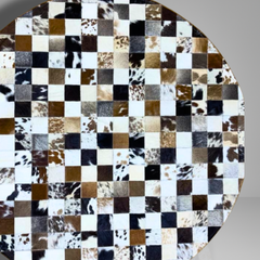 Luxurious Handmade Round Cowhide Patchwork Rug – Genuine Hair-On Hide Micro-Square Leather Floor Rug (9 sq ft)