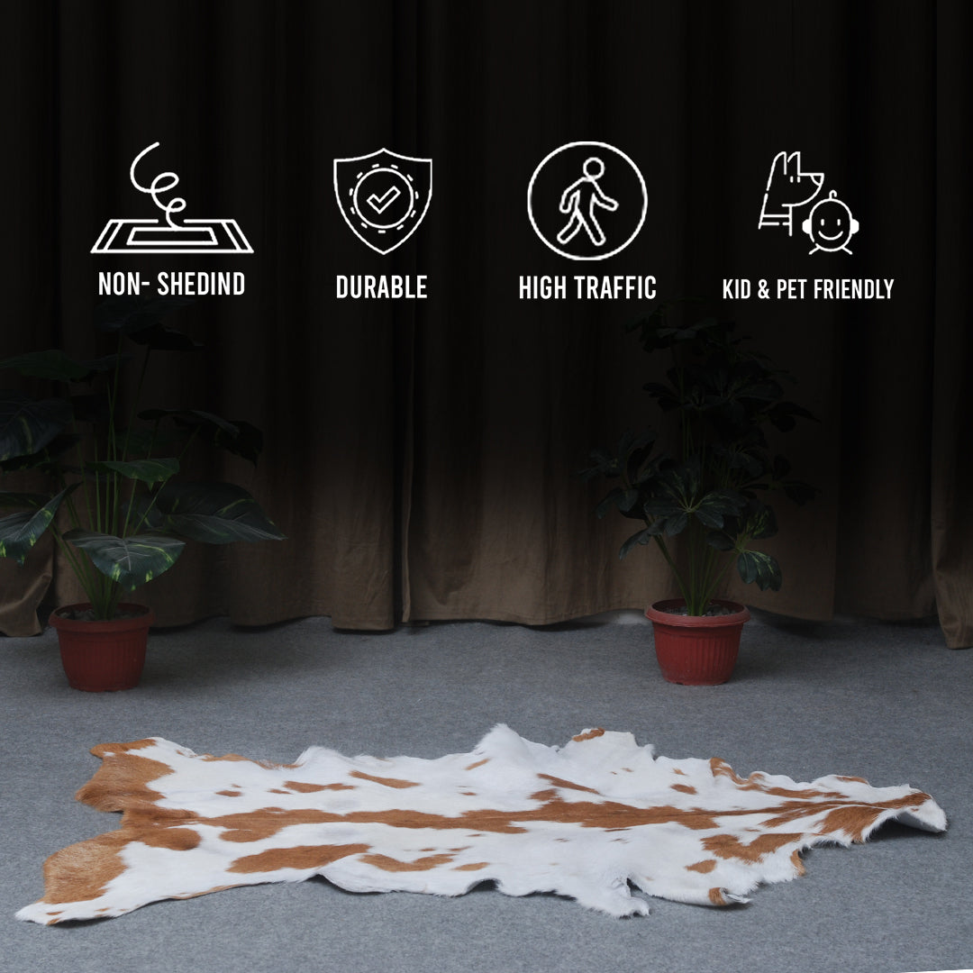 Natural Brown and White Goat Hide Rug - Luxurious Accent for Modern Homes