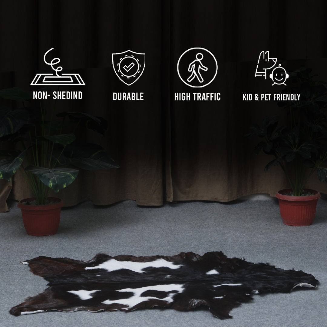 Premium Black and White Goat Skin Rug - Genuine Hair-On Leather for Home Décor