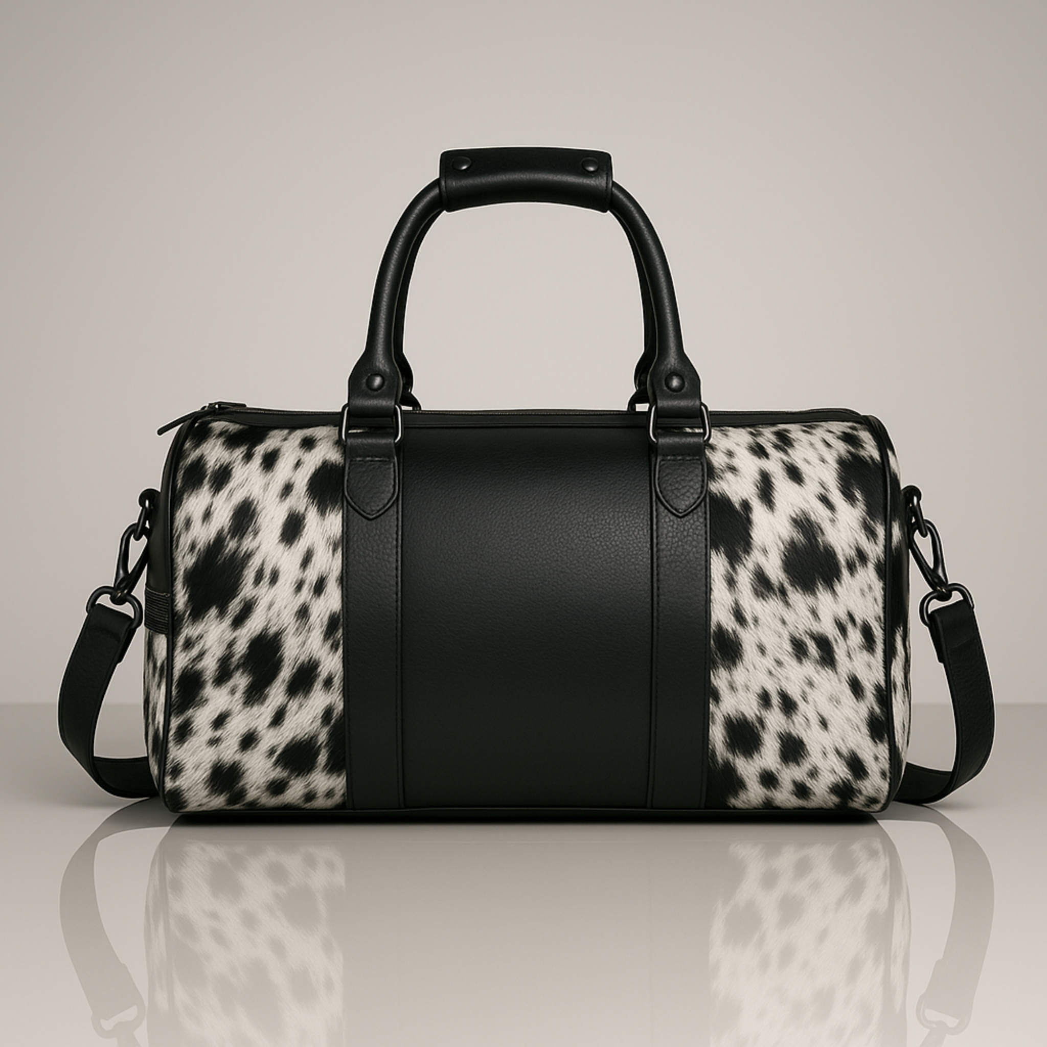 Luxury Black White Cowhide Leather Travel Tote Bag for Weekend Trips - Handcrafted Duffle with Pony Hair Finish, Adjustable Shoulder Strap