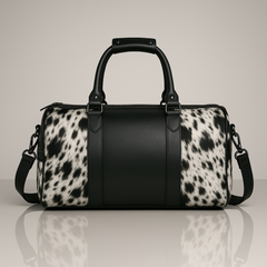Luxury Black White Cowhide Leather Travel Tote Bag for Weekend Trips - Handcrafted Duffle with Pony Hair Finish, Adjustable Shoulder Strap