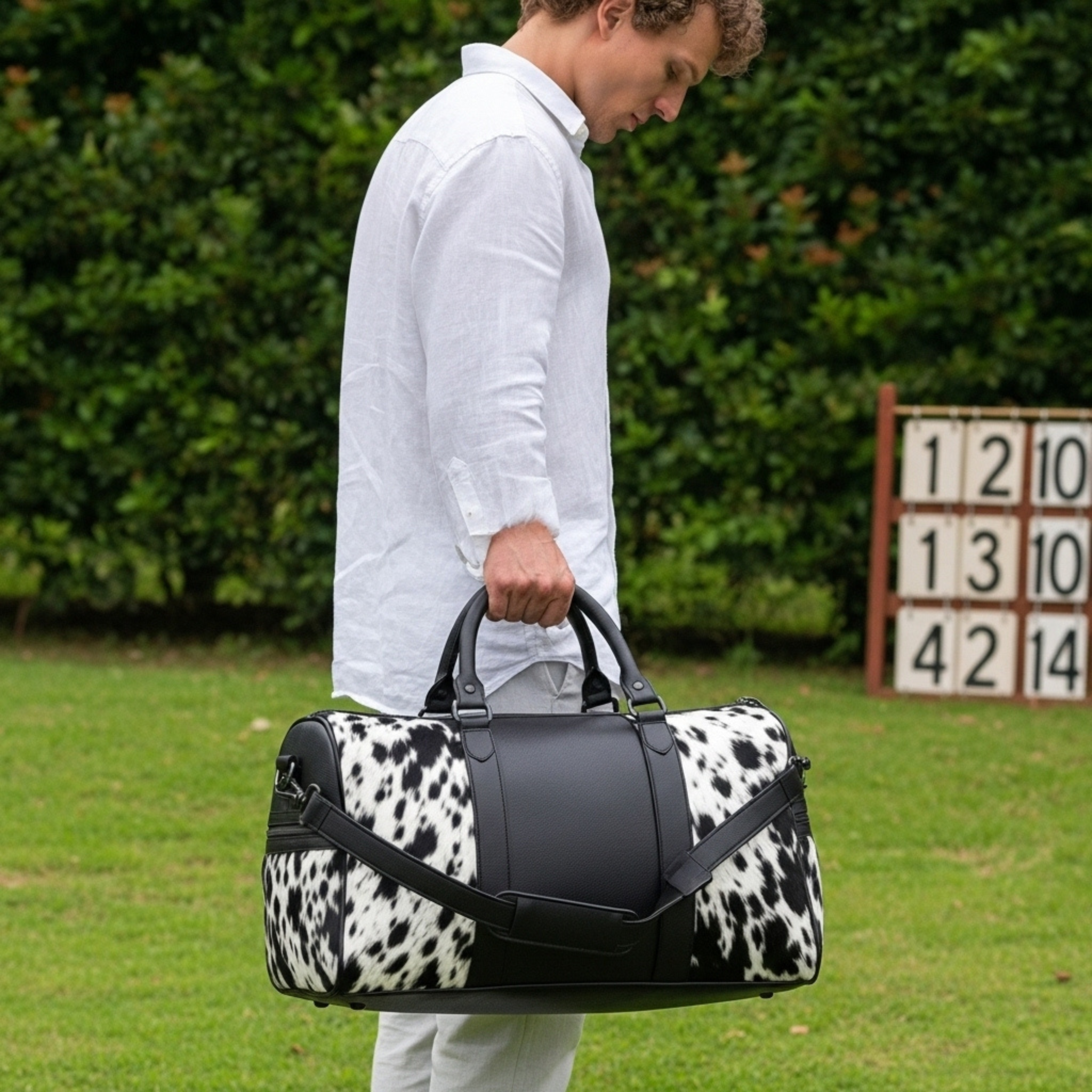 Luxury Black White Cowhide Leather Travel Tote Bag for Weekend Trips - Handcrafted Duffle with Pony Hair Finish, Adjustable Shoulder Strap