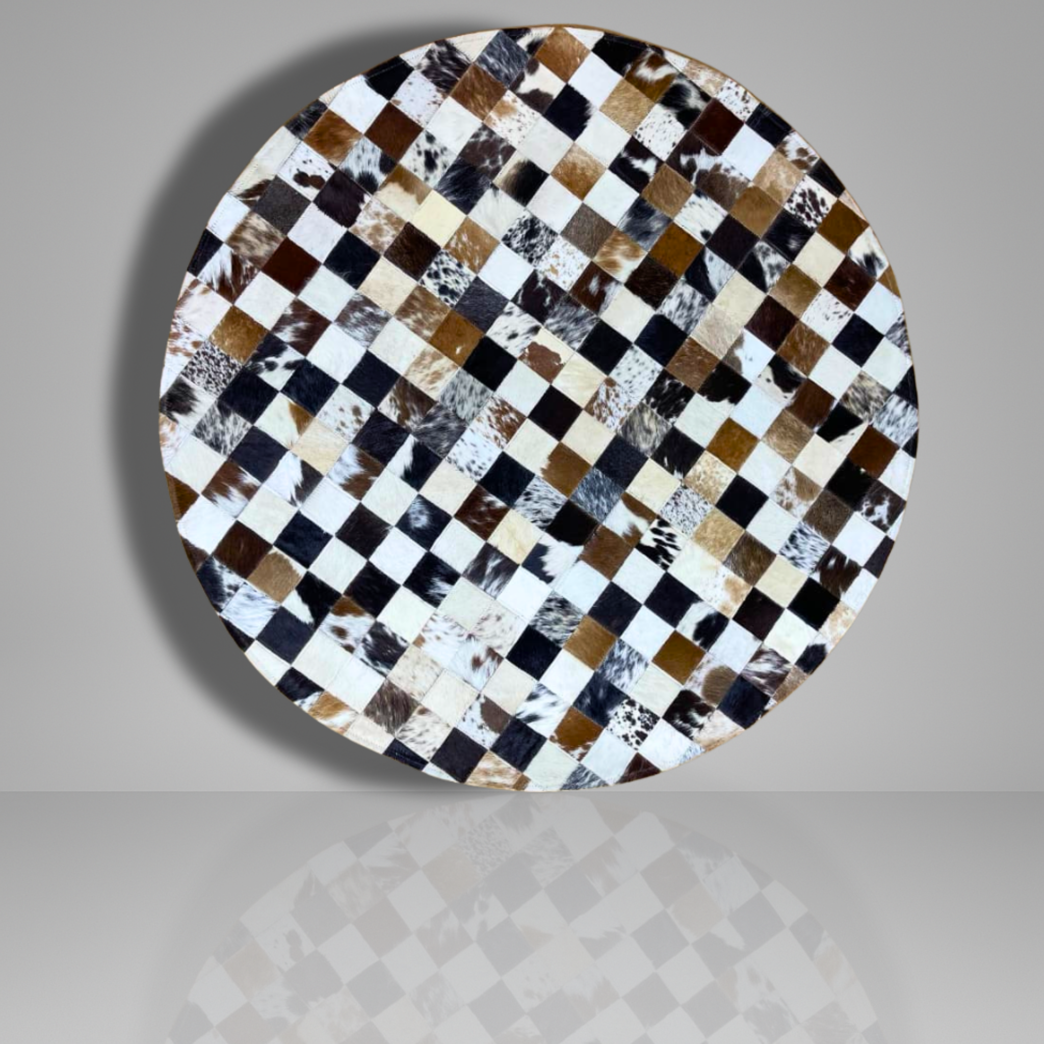 Luxurious Handmade Round Cowhide Patchwork Rug – Genuine Hair-On Hide Micro-Square Leather Floor Rug (9 sq ft)