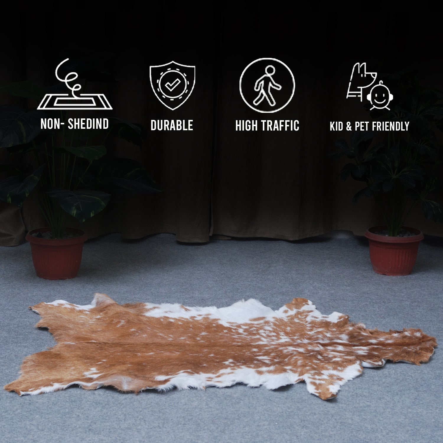 Premium Brown and White Goat Skin Rug - Genuine Hair-On Leather for Rustic Décor