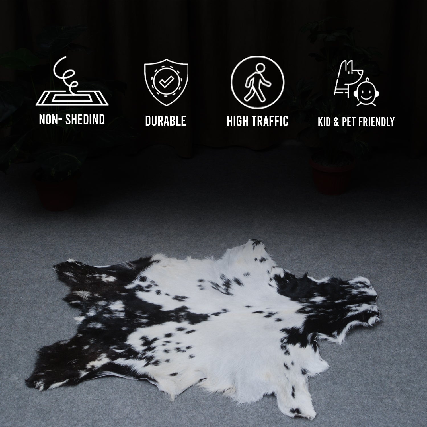 Stylish Black and White Goat Hide Rug - Unique Natural Pattern for Modern Homes