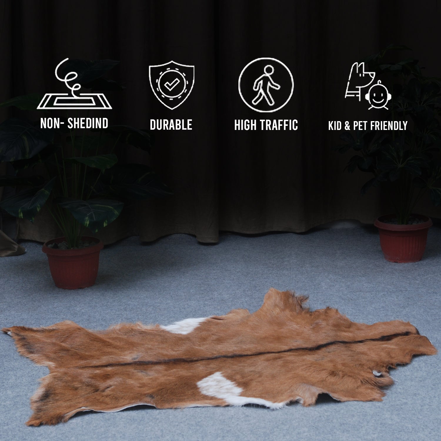 Natural Hair-On Dark Brown Goat Skin Rug - Elegant and Durable for Any Room