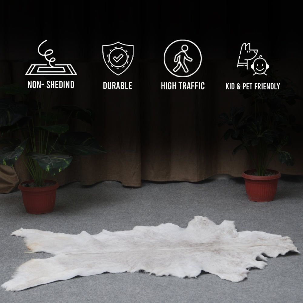 Luxurious Grey and White Natural Goat Skin Rug for Tranquil Wall Decor - Celestial Leather Limited