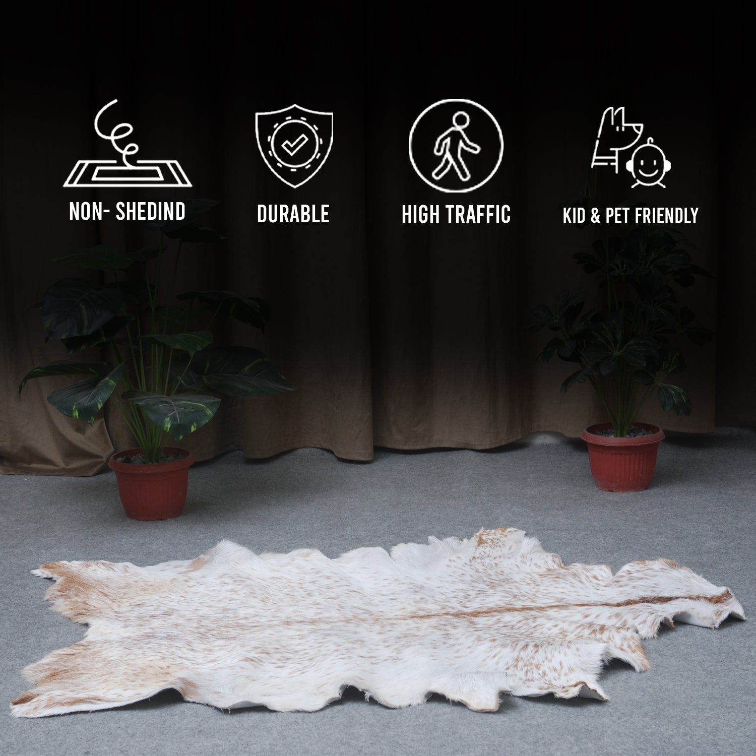 Rustic Brown and White Goat Skin Rug - Unique Pattern for Modern and Classic Décor