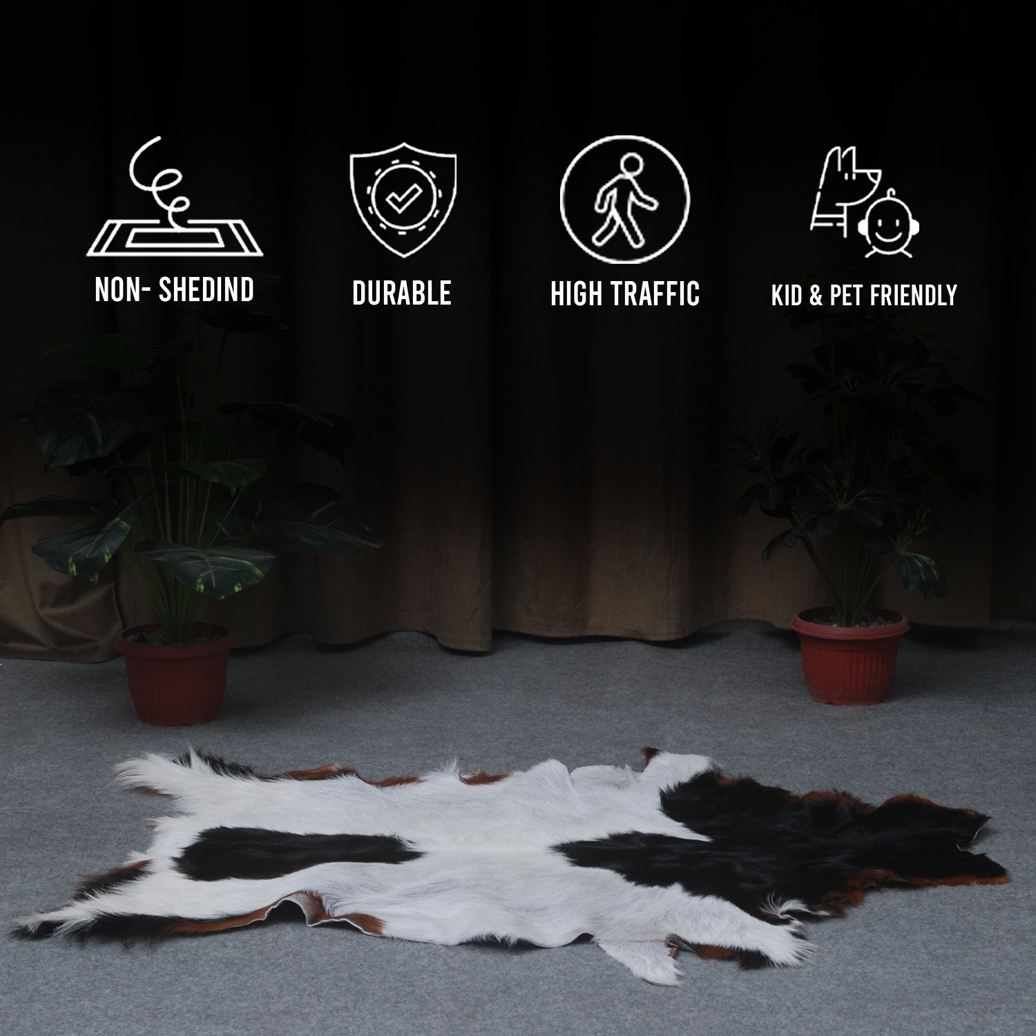 Handcrafted Black and White Goat Skin Rug - Soft and Durable Hair-On Leather