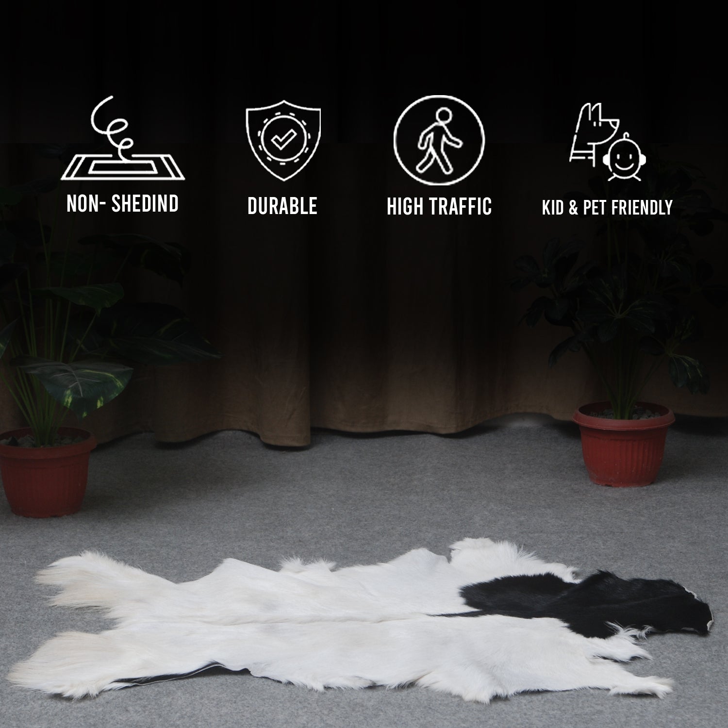 Rustic Black and White Goat Hide Rug - Perfect for Floor or Wall Décor