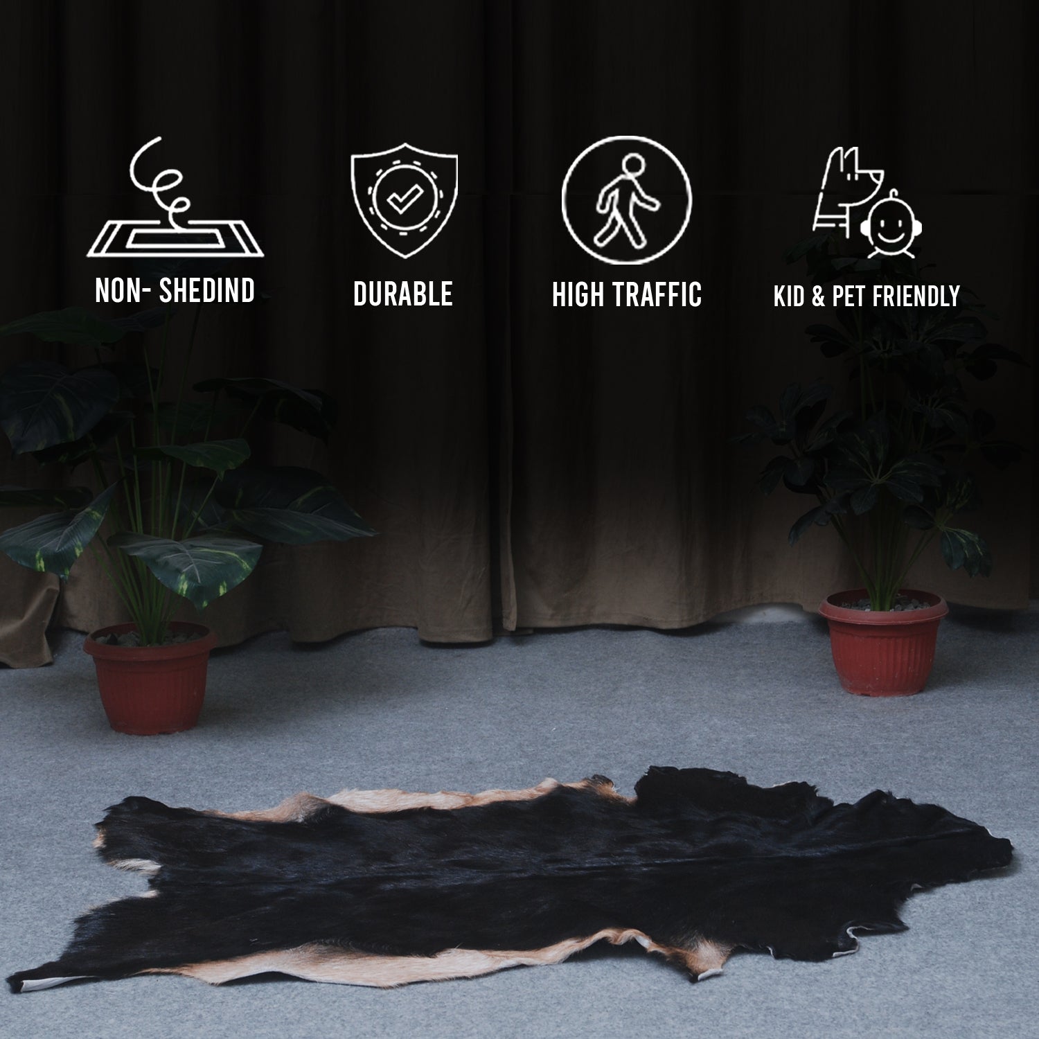 Black and Brown Handmade Goat Skin Rug – Rustic Charm for Your Home