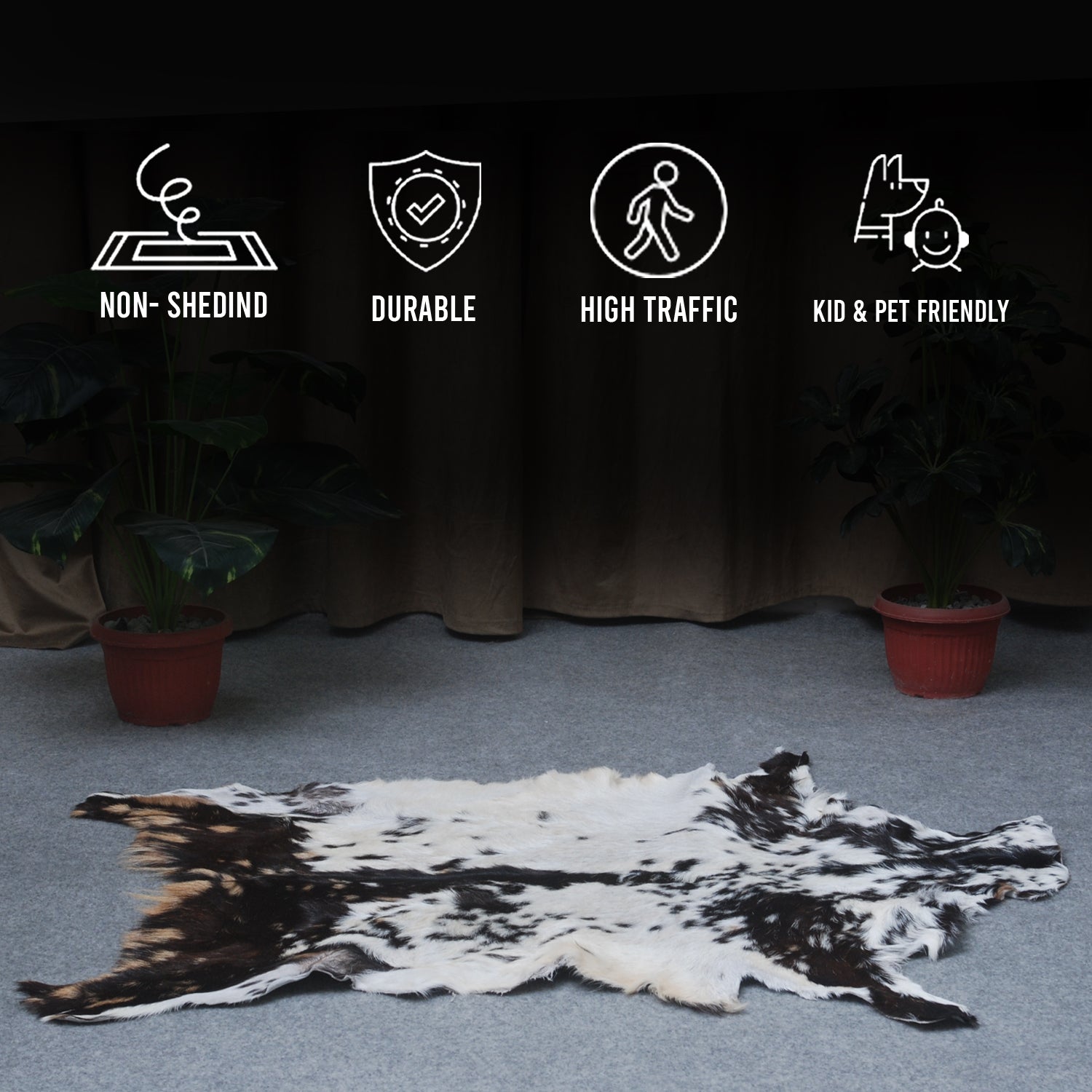 Decorative Black and White Goat Skin Rug - Genuine Leather for Sophisticated Spaces