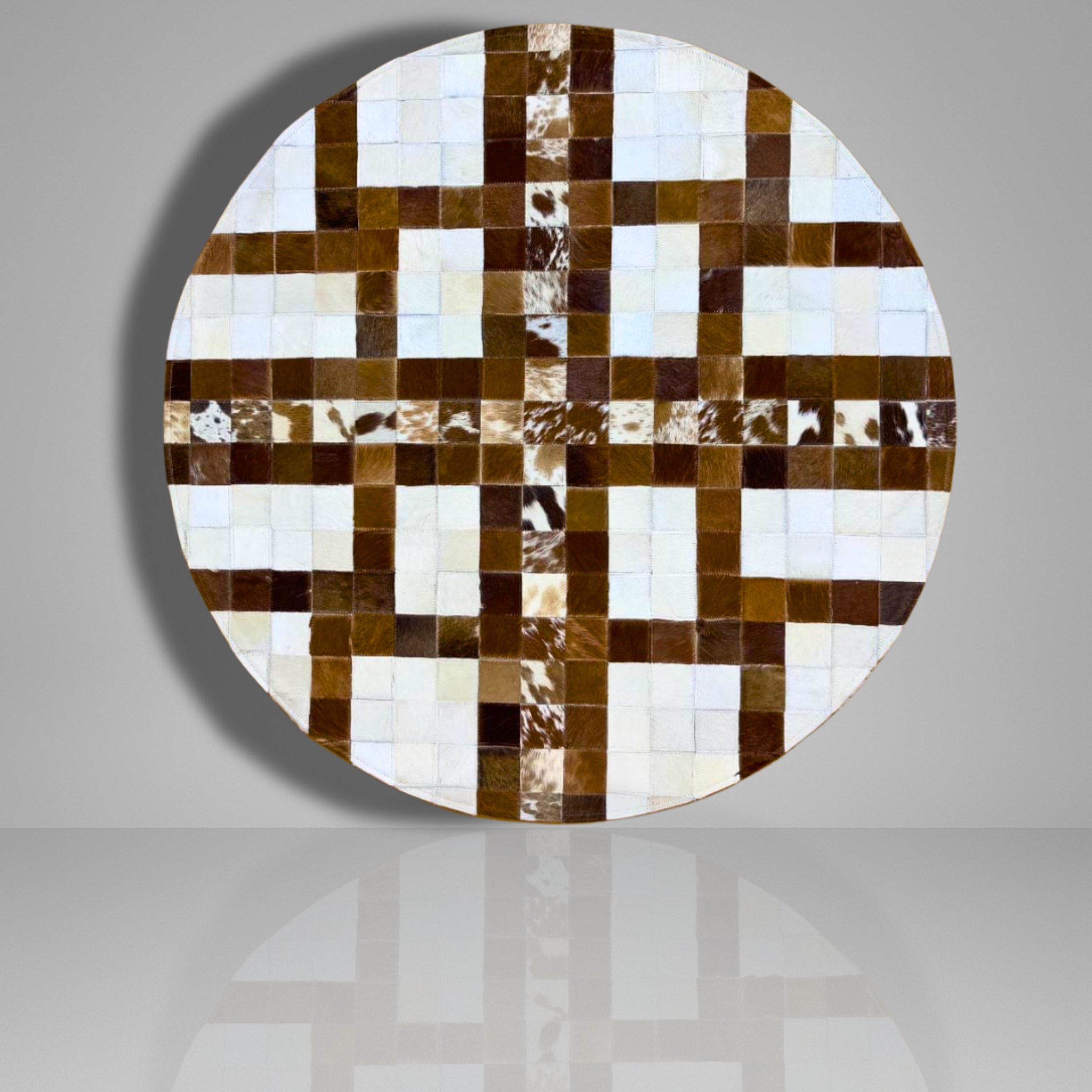 Luxurious Handmade Round Cowhide Patchwork Rug – Genuine Hair-On Hide Cross-Mosaic Leather Floor Rug (9 sq ft)