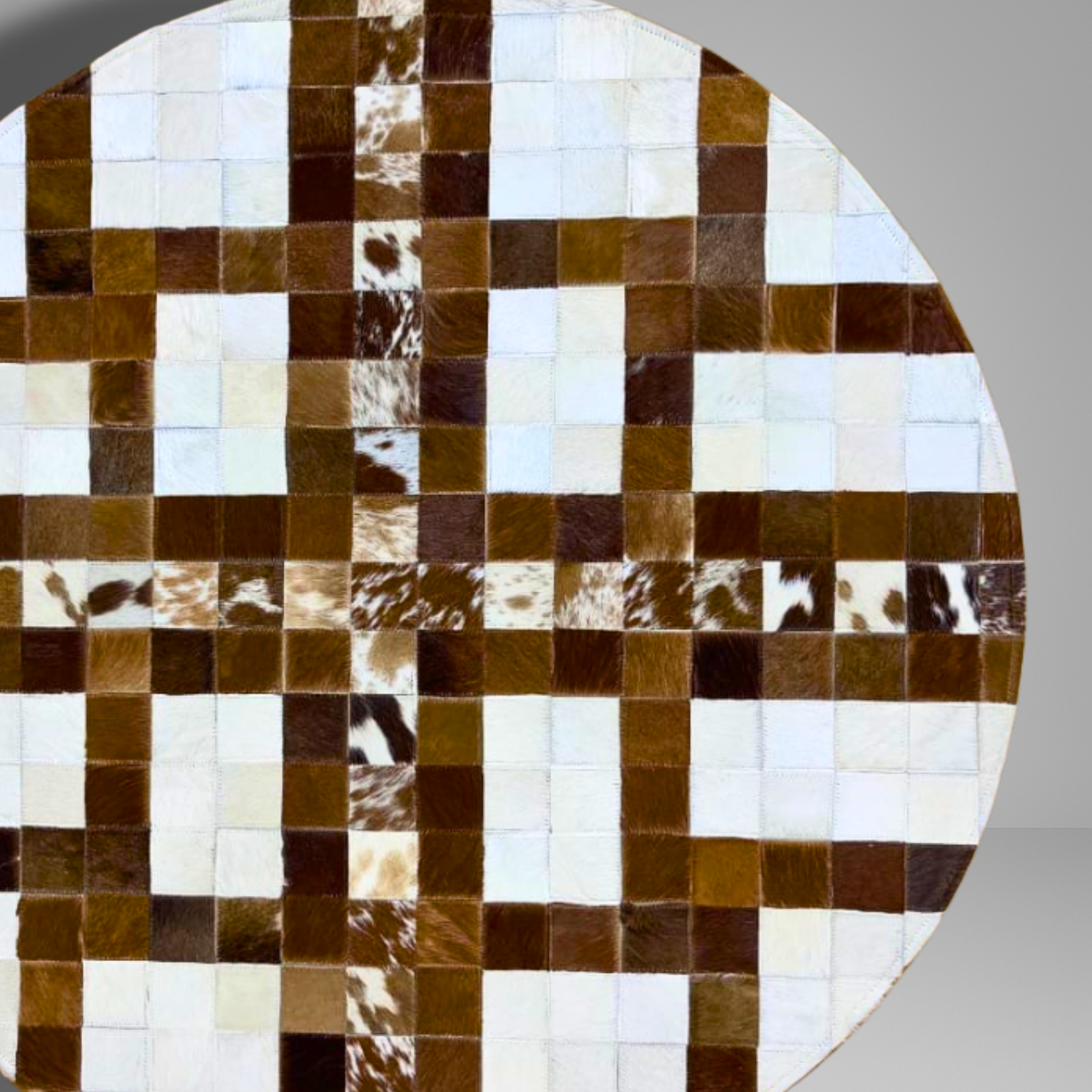 Luxurious Handmade Round Cowhide Patchwork Rug – Genuine Hair-On Hide Cross-Mosaic Leather Floor Rug (9 sq ft)