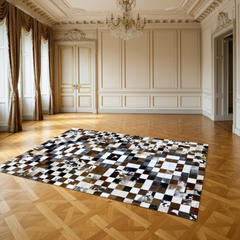 Luxurious Handmade Cowhide Patchwork Rug – Genuine Hair-On Hide Micro-Square Mosaic Leather Floor Rug