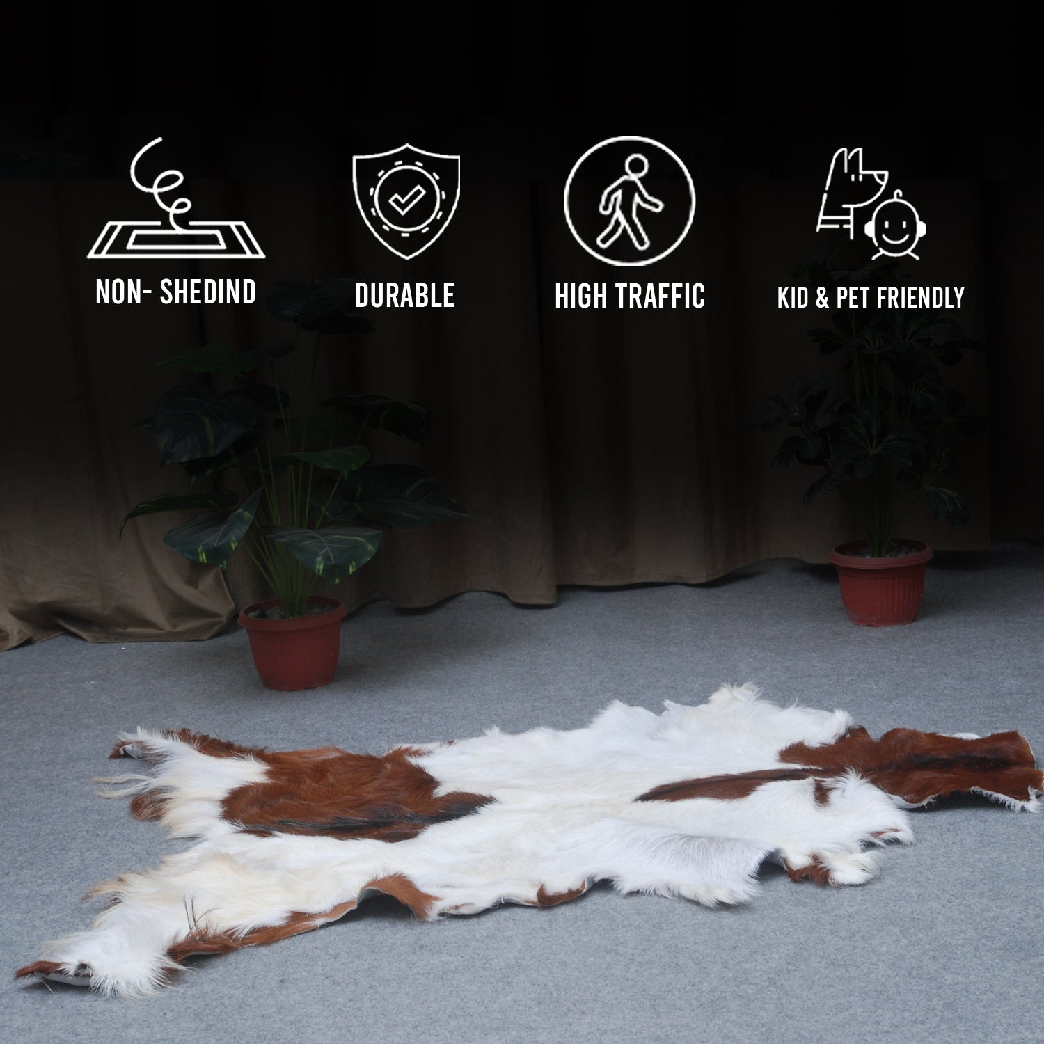 Natural Hair-On Dark Brown Goat Skin Rug - Elegant and Durable for Any Room