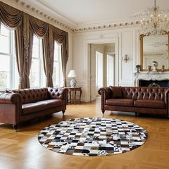 Luxurious Handmade Round Cowhide Patchwork Rug – Genuine Hair-On Hide Micro-Square Leather Floor Rug (9 sq ft)