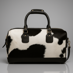 Luxurious Black and White Cowhide Leather Travel Tote Duffle Bag with Full-Grain Accents - Handcrafted Shoulder Bag for Weekend Trips