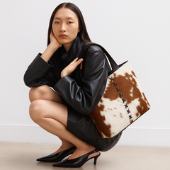 Brown & White Cowhide Shoulder Bag - Handmade Leather Tote for Women, Stylish Daily Handbag with Natural Animal Print, Fast Shipping